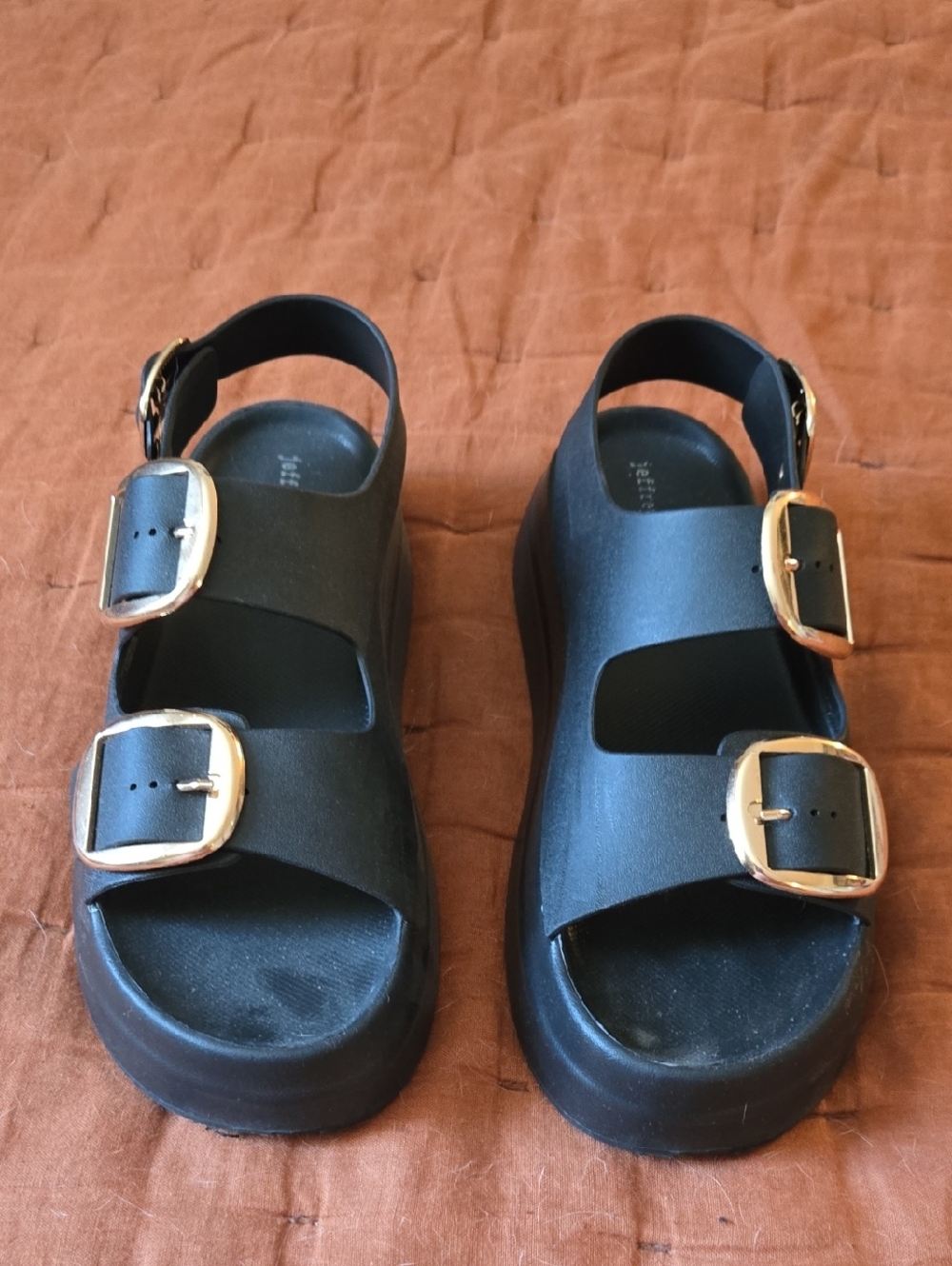 Jeffrey Campbell Black Platform Sandals with Gold Buckle Accent